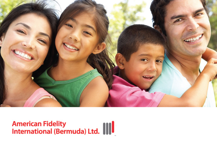 Hispanic family smiling together, american fidelity international bermuda limited logo in corner