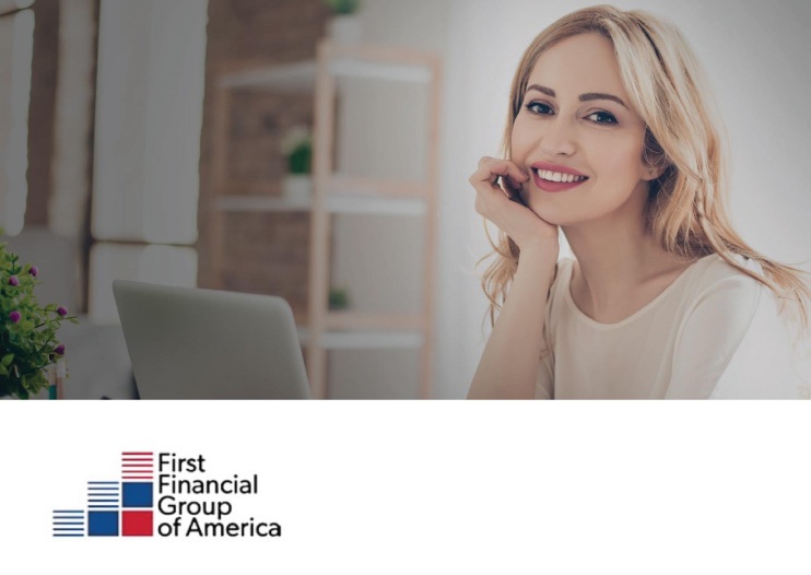 young female adult working at laptop computer and smiling, first financial group of america logo in corner